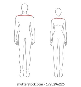Women and men to do shoulder width measurement fashion Illustration for size chart. 7.5 head size girl and boy for site or online shop. Human body infographic template for clothes. 