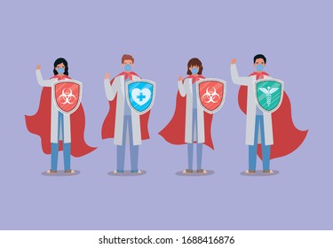 women and men doctors heroes with cape and shield against 2019 ncov virus design of Covid 19 epidemic disease symptoms and medical theme Vector illustration