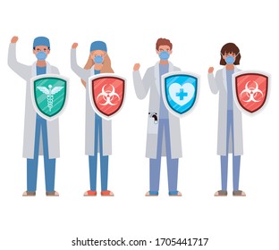 women and men doctors heroes with shields against 2019 ncov virus design of Covid 19 cov infection disease symptoms and medical theme Vector illustration