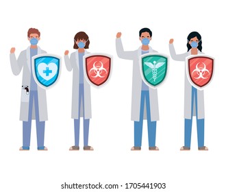 women and men doctors heroes with shields against 2019 ncov virus design of Covid 19 cov infection disease symptoms and medical theme Vector illustration