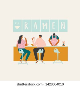 Women and men eat Japanese food illustration in vector. Cartoon characters have lunch in street ramen asian cafe.