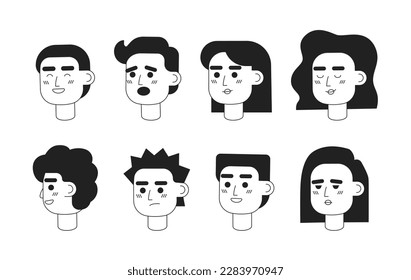 Women, men emotional variations monochromatic flat vector character heads pack. Black white avatar icons. Editable cartoon user portraits. Simple lineart spot illustrations set for web graphic design
