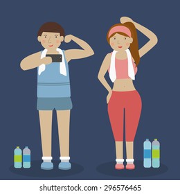 Women and men exercise. Take yourself. Good health and good shape. Vector illustration