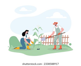 women and men farmers are planting rice, they are also happy with their work
flat design, vector illustration