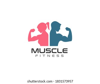 Women and men fitness muscle building logo.