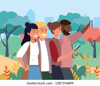 women and men friends with smartphone and hairstyle