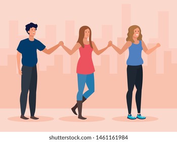 women and men friends together with casual clothes