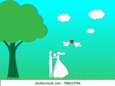 Women and men holding a bouquet of flowers on a green meadow