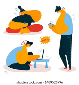 Women and men are holding on to the back and neck. Smartphone-related neck pain.Young people experience back and neck pain while using their phones and computers.Flat style vector illustration