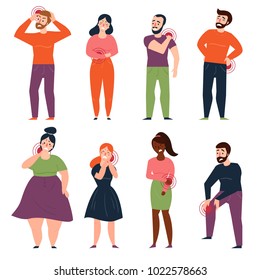 Women and men are holding on to the kidneys, chest, loin, stomach, belly and back. Young people have aches, headache and pains in different part of the body. Flat style vector illustration