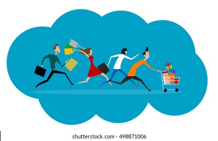 Women and men hurry run to sale. Flat commercial concept of promotion and discount. Vector