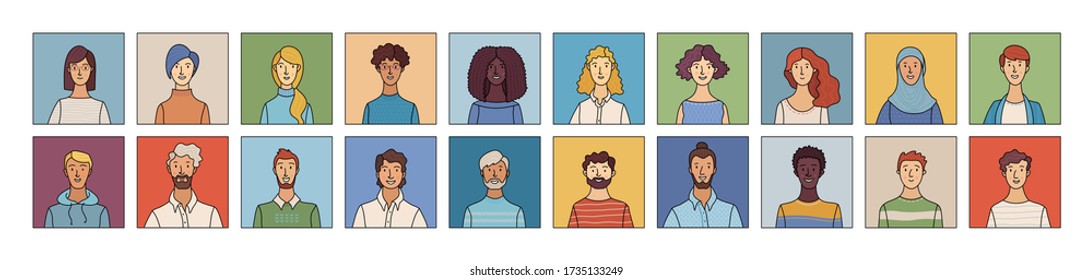 Women and men icons set. Flat vector faces of diverse nationalities. Blonde, brunette, red, and grey hair. Young, adult, and aged. Vector cartoon avatars for account, game, or forum.