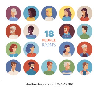 Women and men icons set. Flat vector faces of diverse nationalities. Blonde, brunette, red, and grey hair. Young, adult, and aged. Vector cartoon avatars for account, game, or forum.