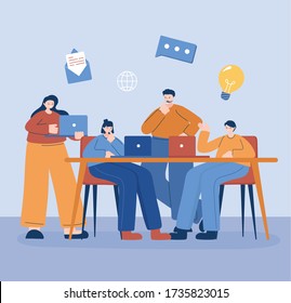 Women and men with laptop on desk design, Digital technology and communication theme Vector illustration