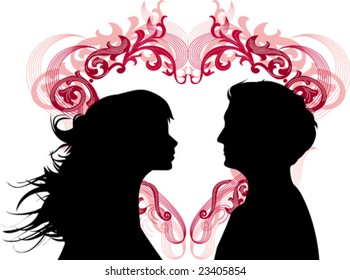 Women and men loving each other and heart between them. Ideal for dating services or valentine day. Vector images scale to any size.