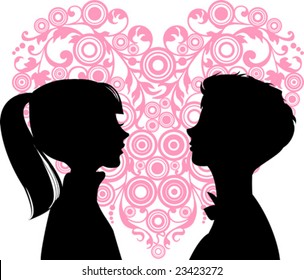 Women and men loving each other and heart between them. Ideal for dating services or valentine day. Vector images scale to any size