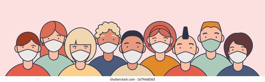 Women and men with medical face mask to prevent disease, flu, air pollution, contaminated air, world pollution. Concept of coronavirus quarantine. Vector illustration