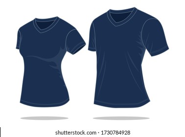 Women & Men Navy Blue V-Neck Shirt Vector For Template.Perspective Views.