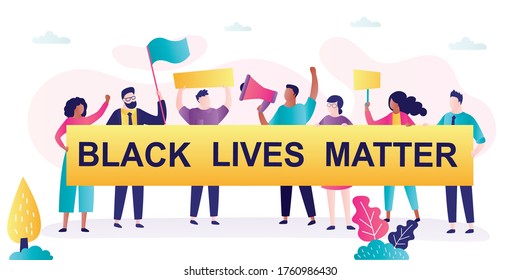 Women and men on demonstration or protest holding placards. Concept of no racism and tolerance. Struggle for rights of black people.Banner on topic black lives matter. 
Trendy flat vector illustration