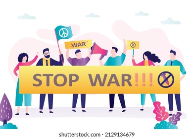 Mujeres y hombres en manifestaciones o protestas con carteles. Basta de guerra, concepto. La gente está protestando contra el inicio de la guerra. Movimiento de pacifismo, por la paz mundial. Ilustración vectorial plana