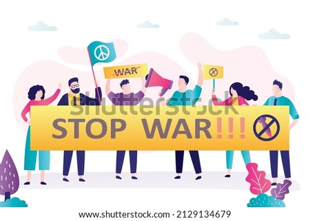 Women and men on demonstration or protest holding placards. Stop war, concept. People are protesting against the start of the war. Movement of pacifism, for world peace. Flat vector illustration