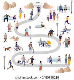 Women, men, parents and children, people with disabilities, elderly and young people spend time outdoors:  jogging, walking , chatting, riding bicycles, walking with dogs .  Flat  vector illustration