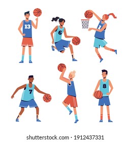 Women and men play basketball. Flat design concept with basketball team, who go in for sports, play ball. Vector illustrations of athletes on a white background