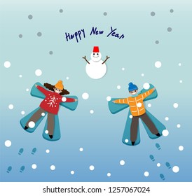 Women and men are playing Snow angel in the Christmas season where snow is falling on them