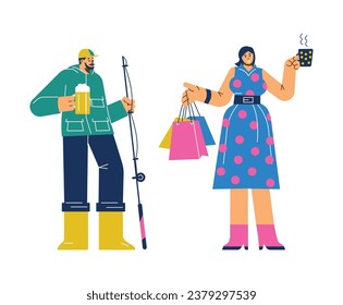 Women and men present stereotypical misconceptions about gender differences in passions and occupational choices, flat vector illustration isolated on white background.