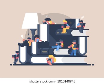 Women and men read books. Book festival fair. Vector illustration