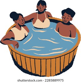 women and men relaxing in a wooden tub of hot tub vector illustration design