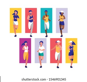 Women and men running design, Healthy lifestyle Fitness bodybuilding bodycare activity and exercisetheme Vector illustration