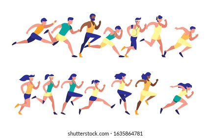 Women and men running set design, Sport hobby competition game training equipment tournement and play theme Vector illustration