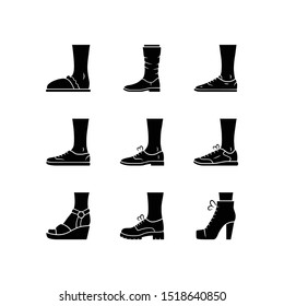 Women and men shoes glyph icons set. Female summer and autumn elegant footwear. Wedges, loafers and trainers. Winter and fall unisex boots. Silhouette symbols. Vector isolated illustration