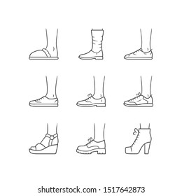 Women and men shoes linear icons set. Female summer and autumn elegant footwear. Wedges, loafers and trainers. Editable stroke. Thin line contour symbols. Isolated vector outline illustrations