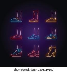 Women and men shoes neon light icons set. Female summer and autumn elegant footwear. Wedges, loafers and trainers. Fashionable winter and fall boots. Glowing signs. Vector isolated illustrations