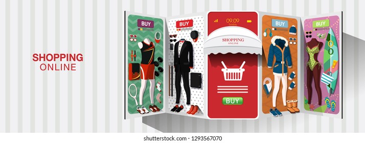 Women & Men Shopping Online on Website or Mobile Application Vector online