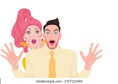Women and men show a startled face, excited, wowing with what they see. Cartoon style vector image character illustration