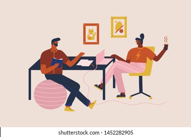 Women and men sitting at a desk working online on a laptop in co working space or modern office and drinking cup of coffee and chatting. Freelance worker illustration in vector.