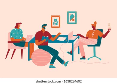 Women and men sitting at a desk working online on a laptop in co working space or modern office and drinking cup of coffee and chatting. Freelance worker illustration in vector.