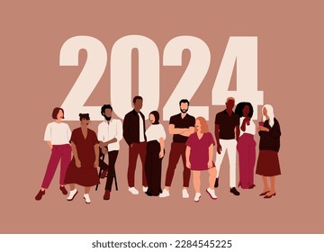 women and men stand together in front of numbers 2024, card with people of different nationalities and cultures, togetherness concept, Vector flat illustration on the theme of the new year