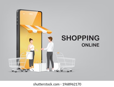 Women and men are standing talking and shopping online in front of a smartphone store with shopping bags and shopping cart next to them,vector character 3d isolated,online sale concept