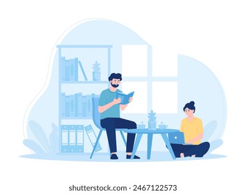 Women and men study together in the living room trending concept flat illustration