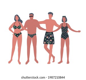 Women and men in swimsuits and swimming trunks are standing together. Happy people friends in beach suits are standing and hugging. Vector illustration in flat funky design