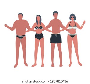 Women and men in swimsuits and swimming trunks are standing together. Happy people friends in beach suits are standing and hugging. Vector illustration in flat design on a white background