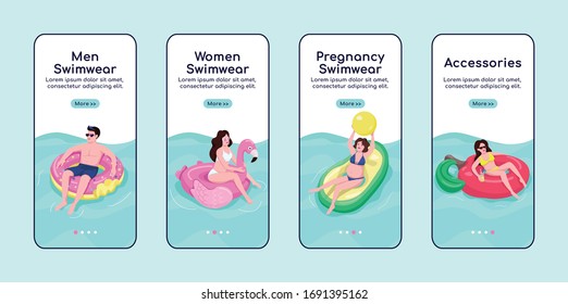 Women and men swimwear onboarding mobile app screen flat vector template. Swimsuits for pregnant. Walkthrough website steps with characters. UX, UI, GUI smartphone cartoon interface, case prints set