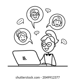 Women and men taking part in business meeting, negotiation, brainstorming, talking to each other. Online learning. Video conference. Remote employee communicates via the Internet. Telecommuting 
