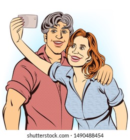 Women and men are taking selfies on smartphones. photos in social networks media. Pop Art Vector Illustration.The image is separated from the white background.