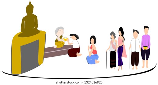 women and men in Thai national costumes, Buddhist temples, Songkran days and family days, parents, children, grandparents, merit making activities, Illustration, vector cartoon