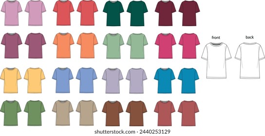 
women men unisex basic t shirt technical drawing multicolor set and blank template